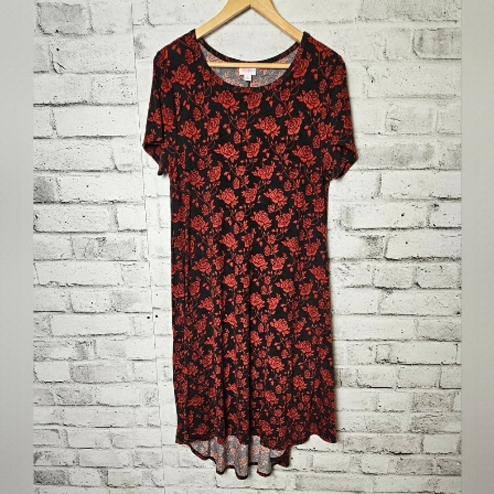 LuLaRoe Carly Red Black Floral High Low Swing Dress L
